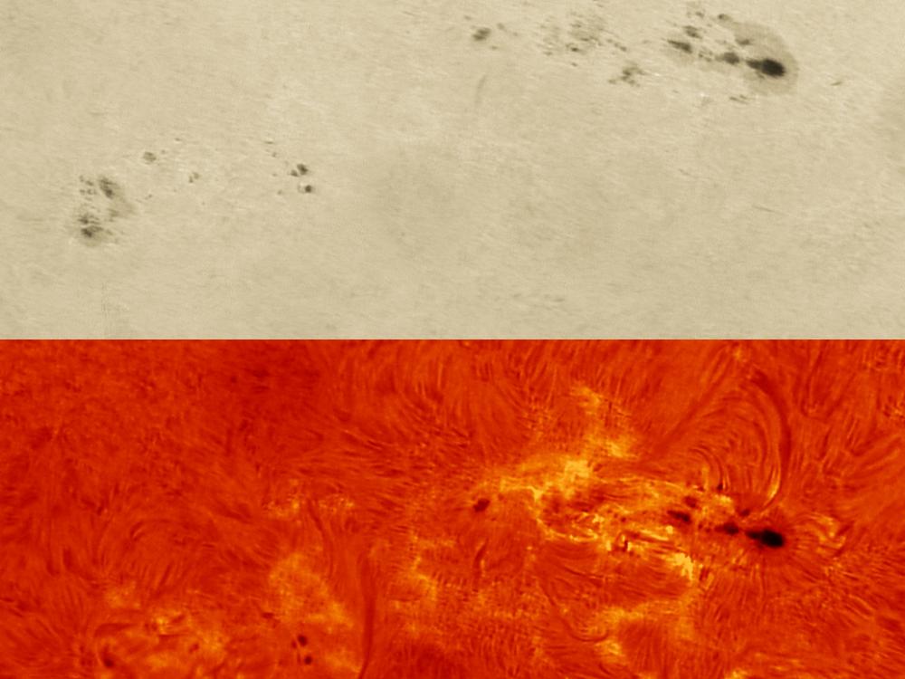 Two images of the Sun showing the same space on the Sun, however the top image shows the surface of the Sun and the bottom image shows the atmosphere above the Sun's surface. On both images, a sunspot cluster can be seen as darker spots on the Sun. On the bottom image, however, phages, or clouds, in lighter colors are also visible near the darkest spots of the cluster.