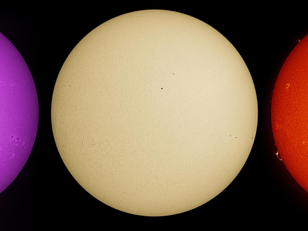 Three disk views of the Sun. The left disk reveals sunspots (dark spots) and phages (light clouds surrounding the darkspots) visible in the Sun's atmosphere. The middle disk reveals the Sun's surface, with a few sunspots visible as dark spots. Similar to the left disk, the right disk reveals the Sun's atmosphere. Sunspots are visible as dark spots surrounded by lighter phage clouds, but prominences are also visible as gases float off the edges of the disk.