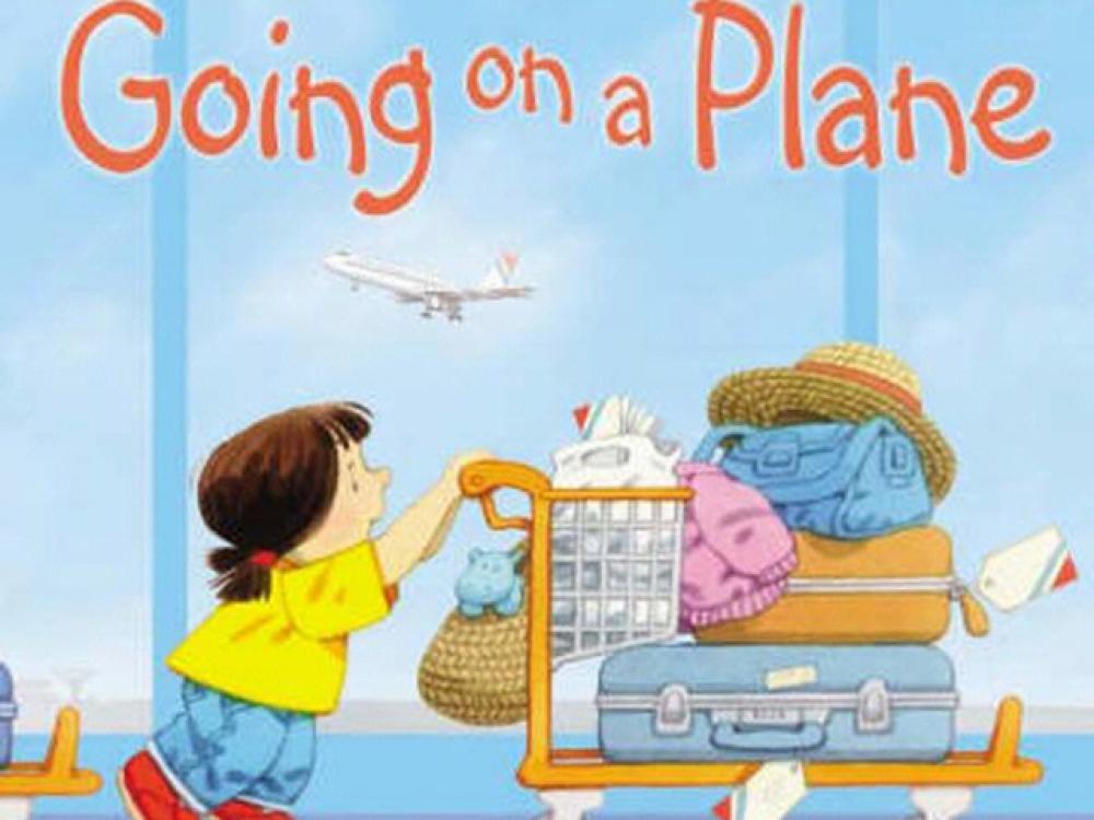 Book cover for a children's story about flying on an airplane with an illustration of a child moving luggage in an airport terminal.