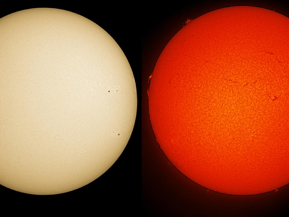 Two disk views of the Sun. The left image shows the surface of the Sun, with only two sunspots (dark spots) visible on the far right side of the disk. The right disk shows the Sun's atmosphere, with the sunspots on the surface appearing on the right side of the right disk with small lighter-colored phages around them. Prominences (spots floating off the edges) of floating gas and filaments (dark lines) of floating gas are visible as well, mostly on the upper half of the disk. 