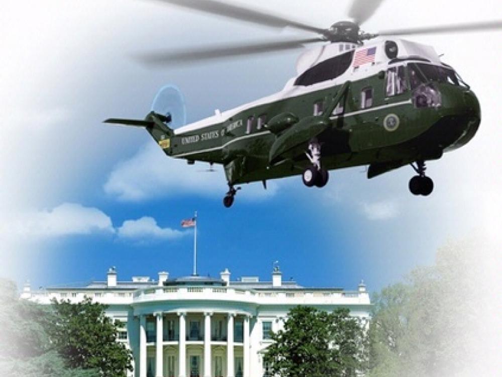 Book cover about a presidential helicopter pilot with an image of a presidential helicopter leaving the White House.