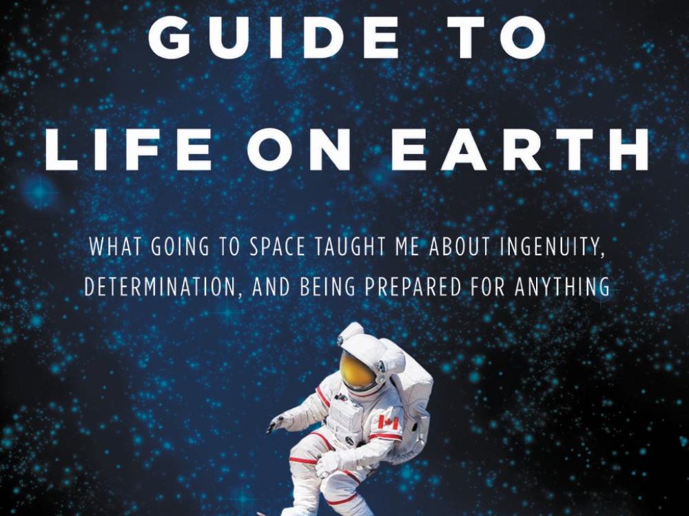 Book cover about an astronaut's perspective after going to space. An illustration of an astronaut riding a skateboard in space is seen below the title.