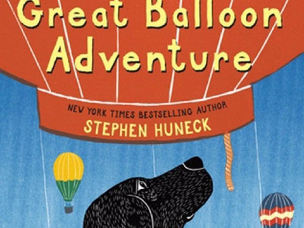 Book cover for a children's book about an air balloon flight featuring an illustration of a dog in the basket of an air balloon.