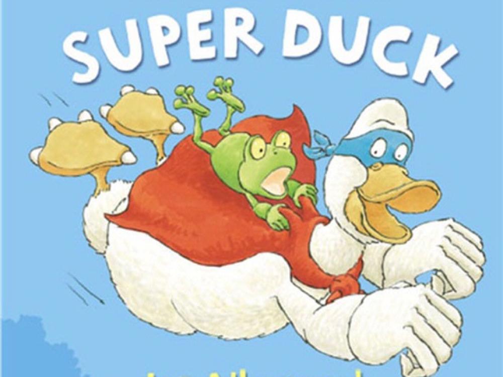 Book cover for a children's book about a superhero duck with an illustration of the superhero duck in flight along with a frog.