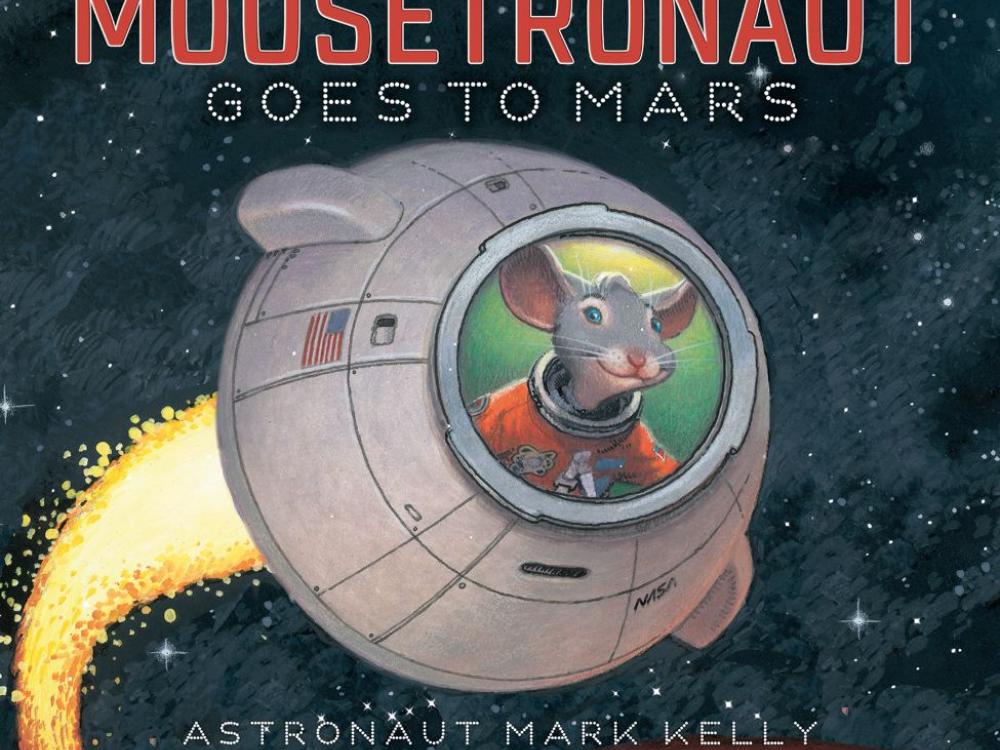 Book cover for a children's book about a mouse astronaut going to Mars featuring an illustration of a mouse astronaut in a space capsule travelling in space.