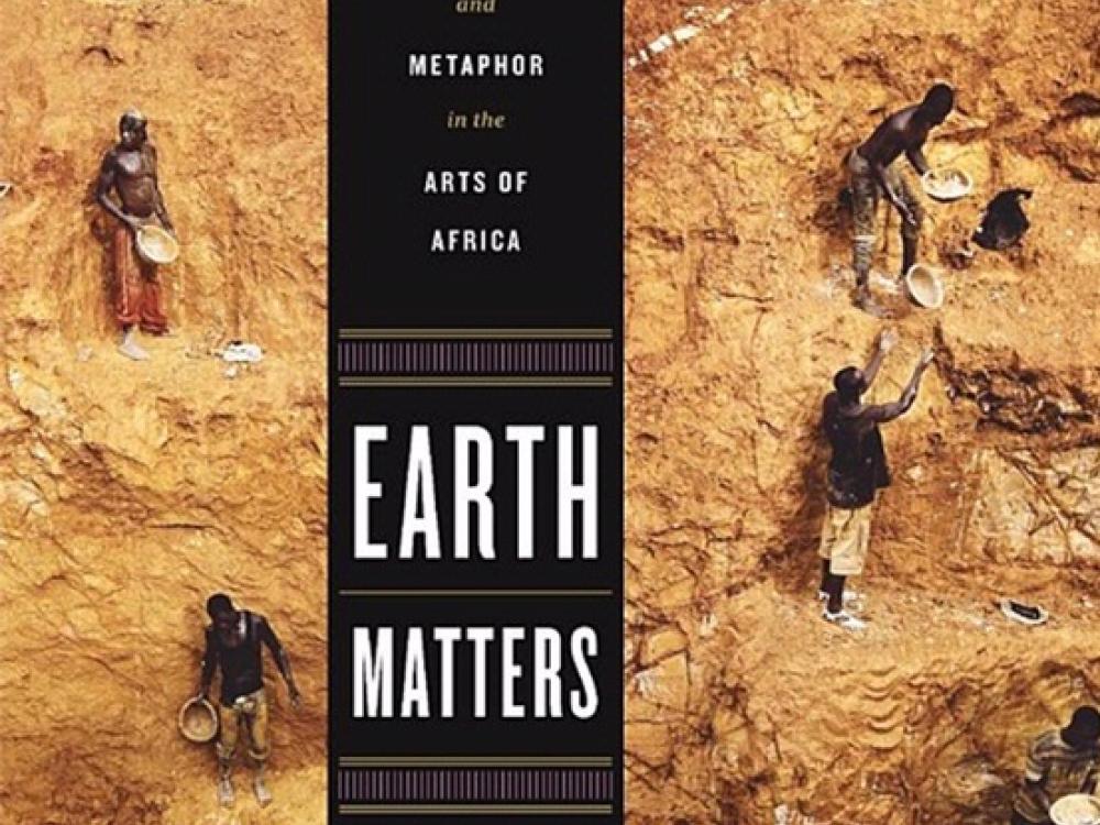 Book cover for a book about Africa with a background of people collecting materials in a mine.