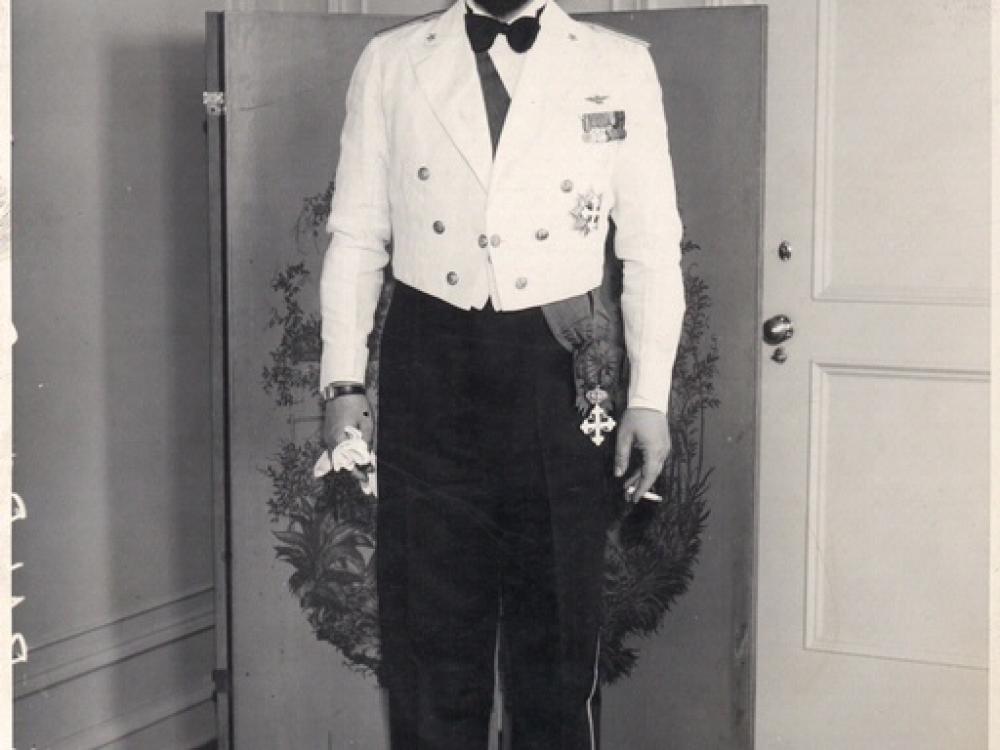 Portrait of Italo Balbo, a white male aviator, in a pilot's uniform.