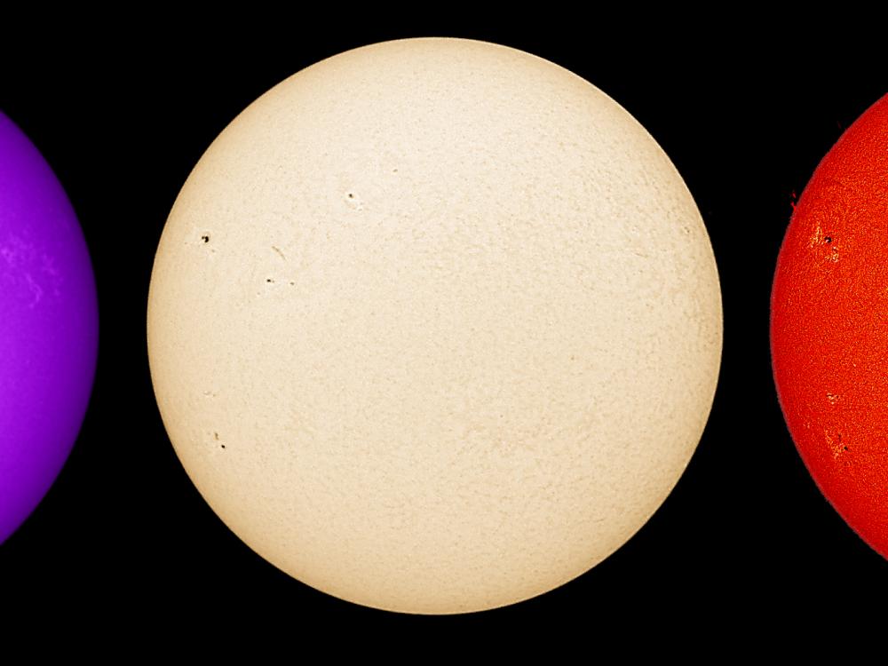 Three disk views of the Sun, side by side. The first disk reveals sunspots (dark spots) and phages (lighter-colored spots). The second disc shows the surface of the Sun with a couple of sunspots visible as dark spots. The third disc reveals the Sun's atmosphere,  with sunspots as dark spots surrounded by lighter-colored phages, and a prominence of gas floating away from the atmosphere on the upper right side of the disk.