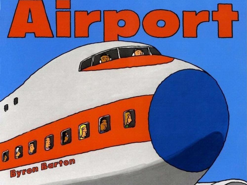 Book cover for a children's book about airports featuring an illustration of a commercial airplane.