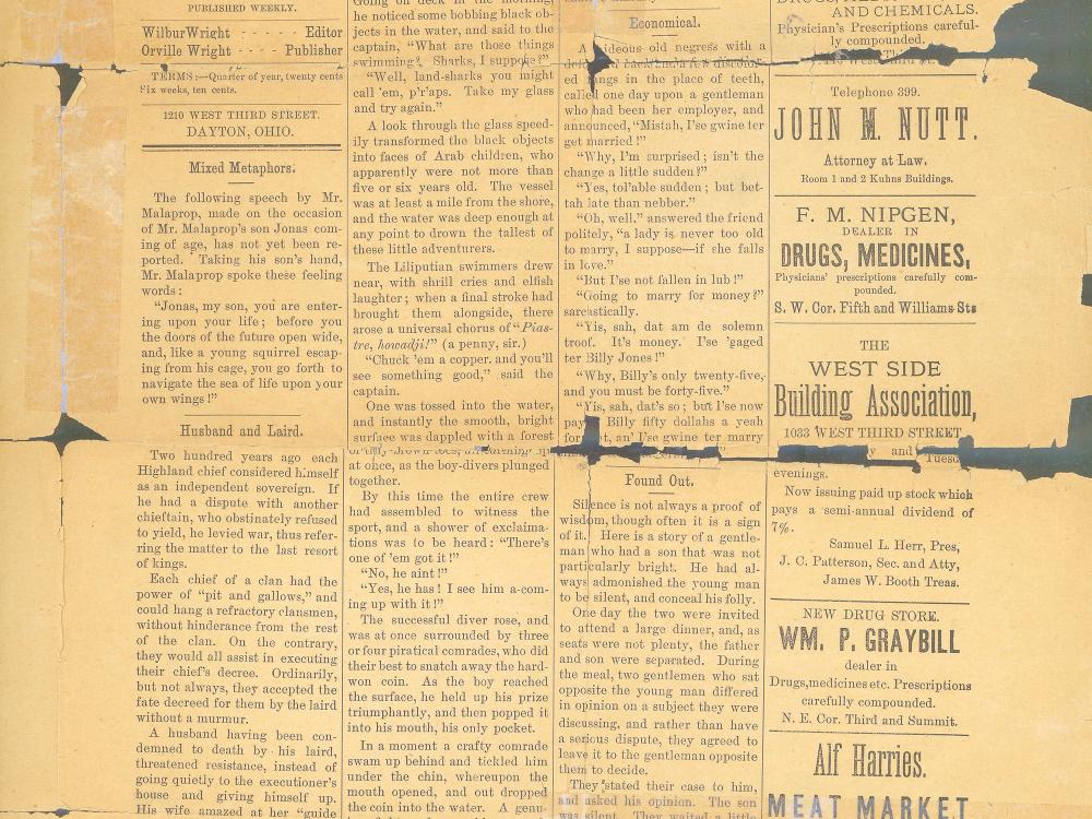 A newspaper page printed by Orville Wright in 1889 called "West Side News".