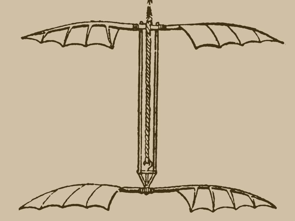 A drawing of a late-1800s helicopter toy with two sets of propellors.