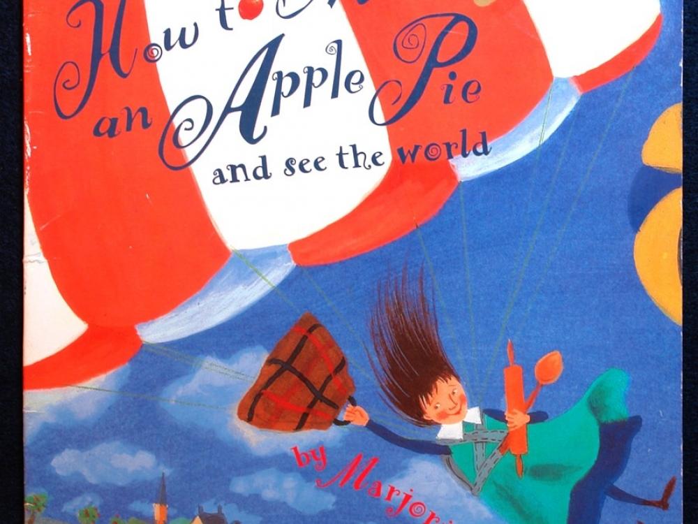 Book cover for a children's book about travelling featuring an illustration of a person flying by using a parachute.