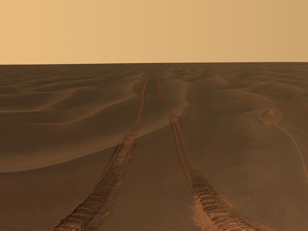 An area of Mars consisting solely of sand dunes. River tracks can be seen into the horizon.