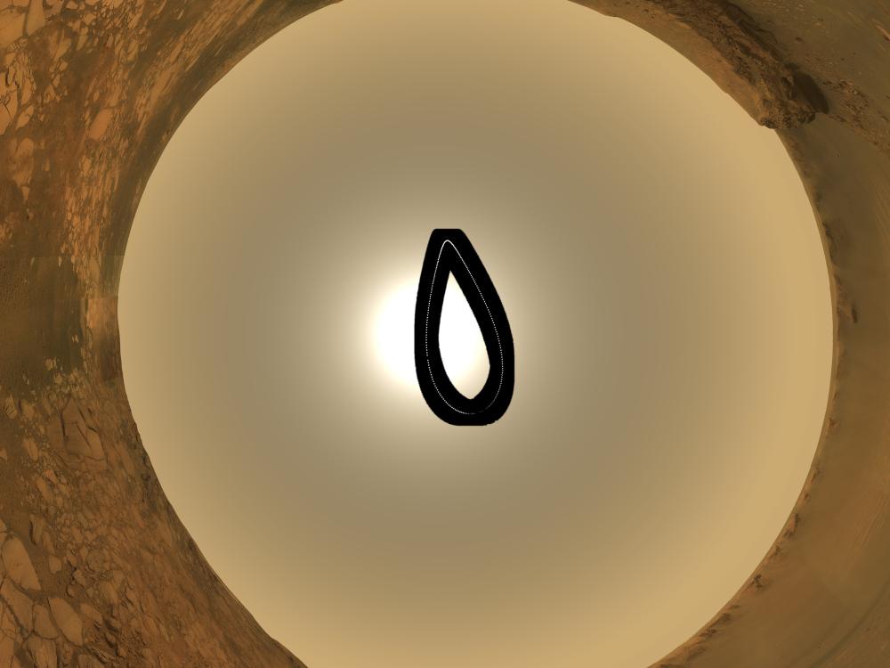 A 360-degree projection of the sky, including the Sun (highlighted in black circle), by a Rover during a dust storm on Mars.