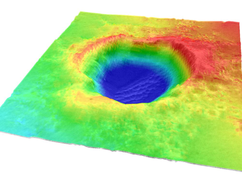 A terrain model of Santa Maria Crater and nearby topography on Mars, with colors indicating the height of the terrain.