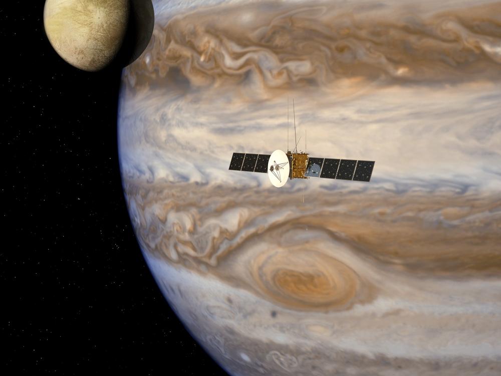 An artist's vision for a satellite intended to investigate moons orbiting Jupiter. 