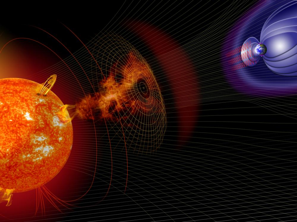 An artist's depiction of how solar activity impacts Earth through a solar flare reaching the magnetic fields surrounding Earth.