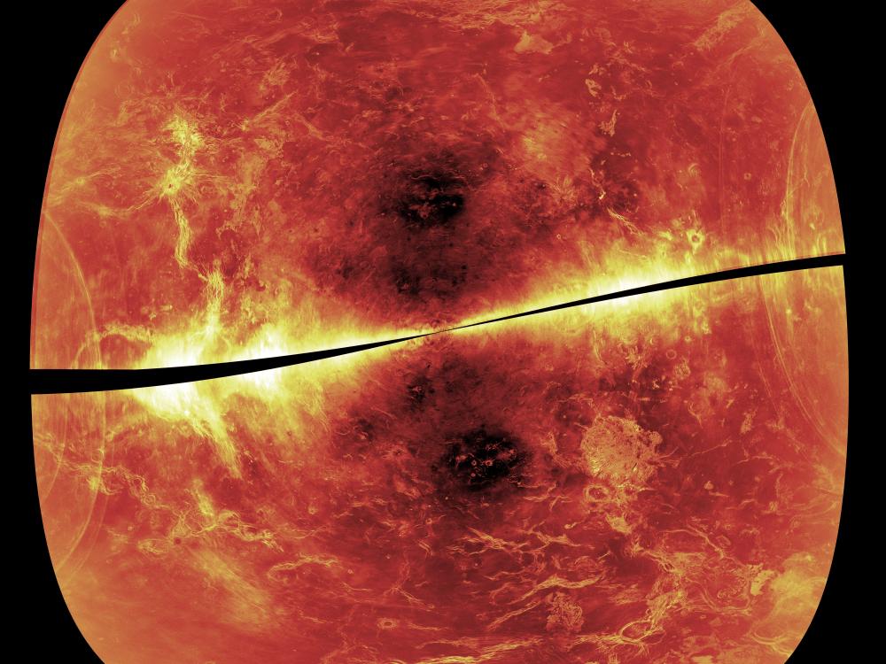 A radar-viewed map of Venus focusing on one hemisphere of the planet. Darker spots represent smoother areas on the planet whereas lighter spots represent very rough areas of the surface.