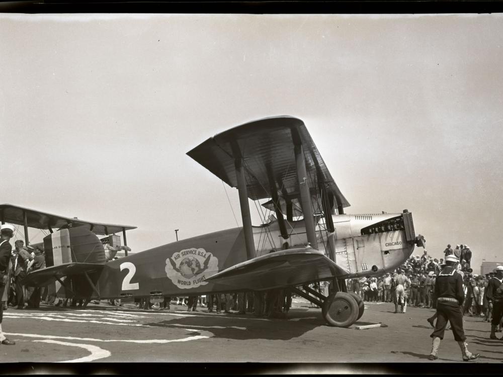 The Douglas World Cruiser Chicago, a biplane with one engine, on tarmac.