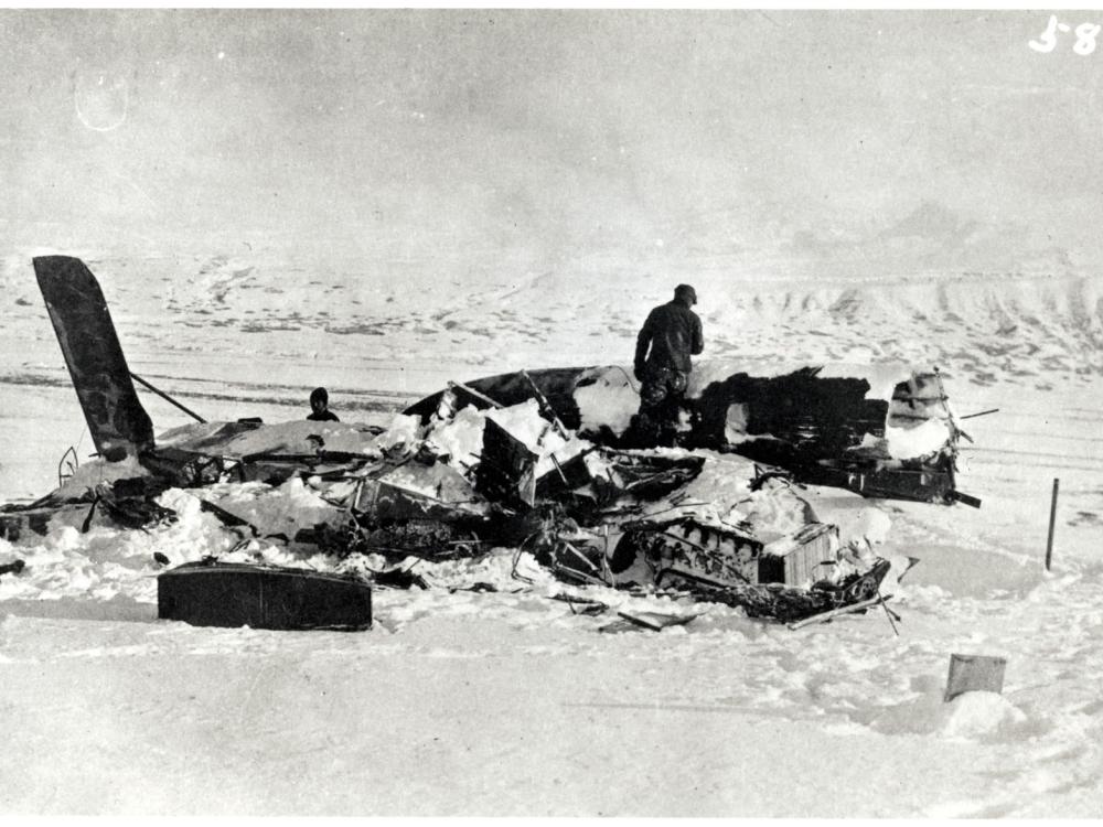 Crash site of the Seattle Douglas World Cruiser, a biplane, in Alaska, where the Seattle is seen destroyed.