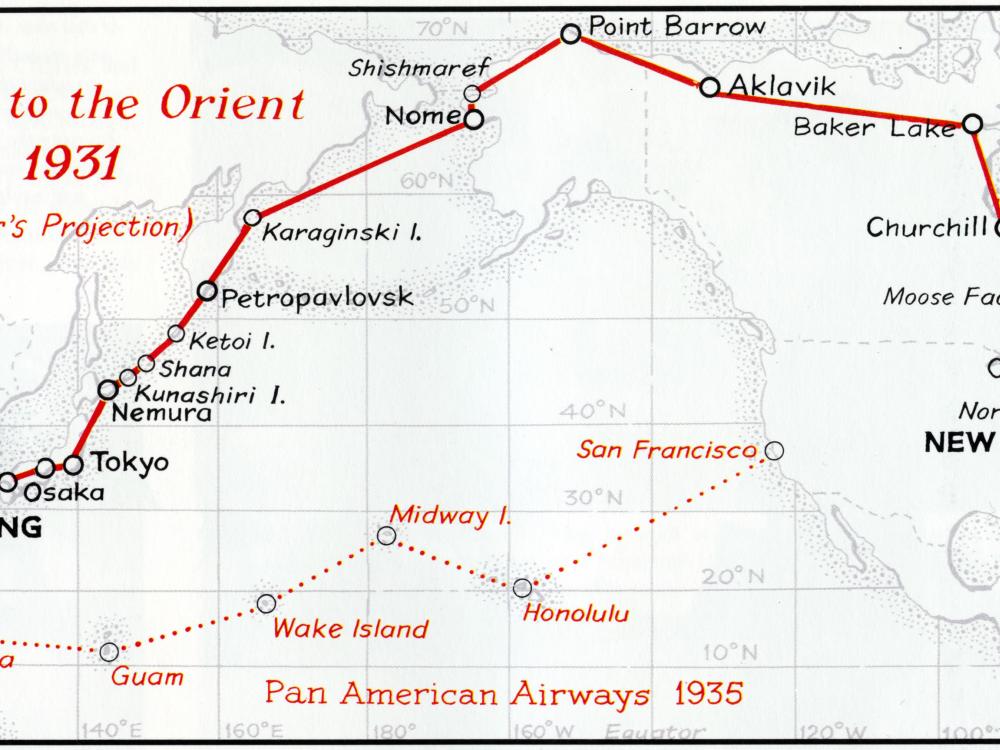 A map of the route the Lindberghs made from eastern Asia to New York in 1931.