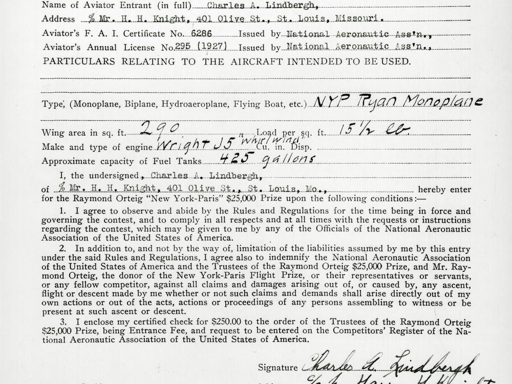 Official Entry Form from Charles Lindbergh