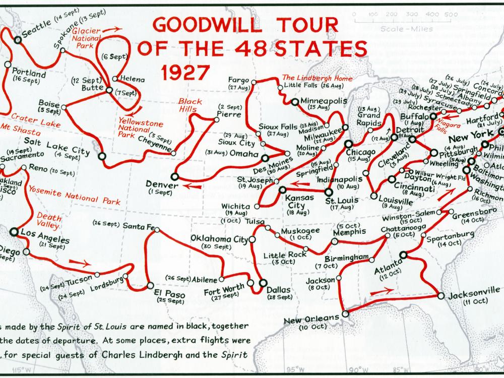 A map highlighting the route of Lindbergh's tour of the 48 continental states in the United States.