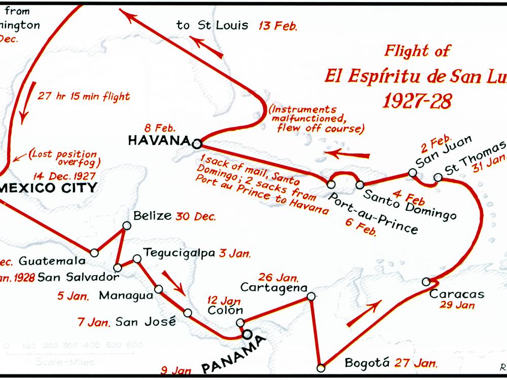 A map of Latin America and the Caribbean with a red marking of the route taken by Charles Lindbergh in 1927 into 1928.