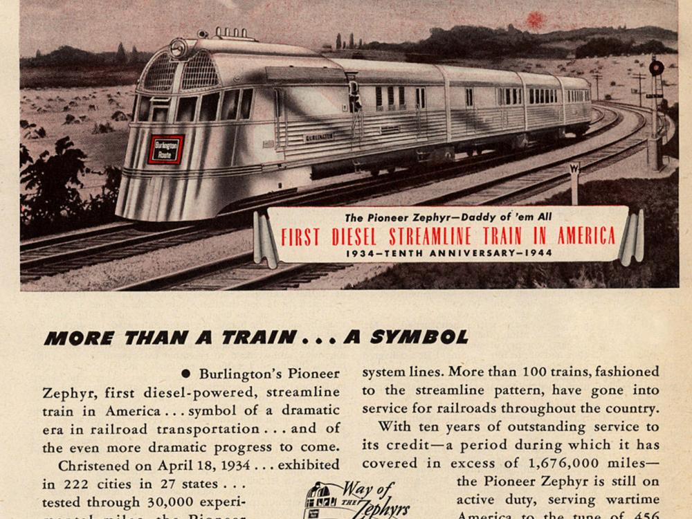 Advertisement for a steamlined train located in the United States in the 1930s. The advertisement features a drawing of a train with trains in the clouds.