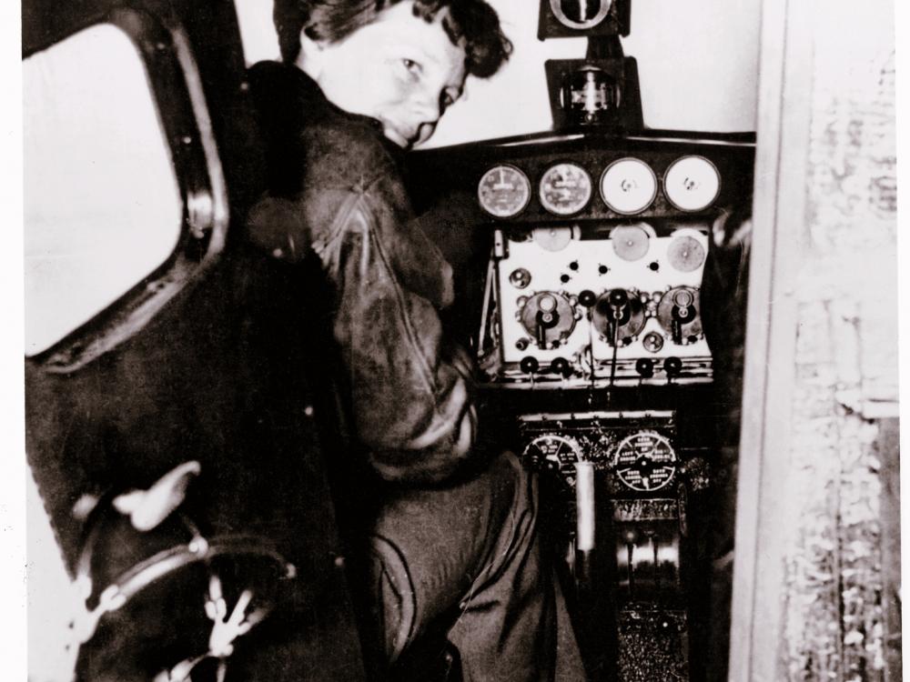 Amelia Earhart Looking Back from the Cockpit