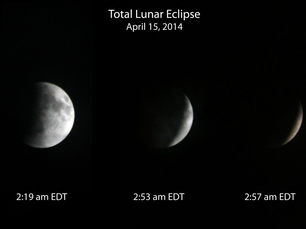 Three different views of a total lunar eclipse, placed in the order of which they occurred from the farthest from totality to the closest to totality.