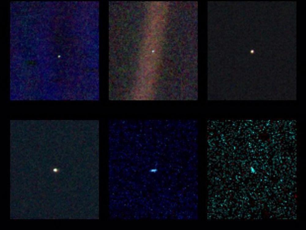 A set of six images of the whole solar system, featured as a pale blue dot in each photo.