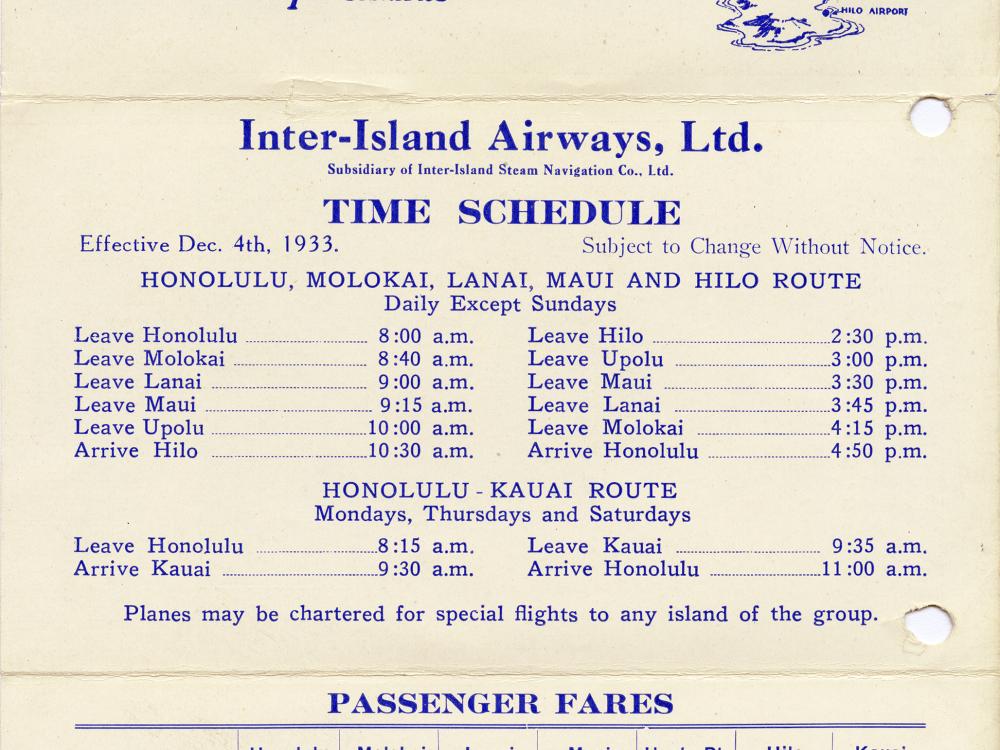 Inter-Island Airways Timetable 1929