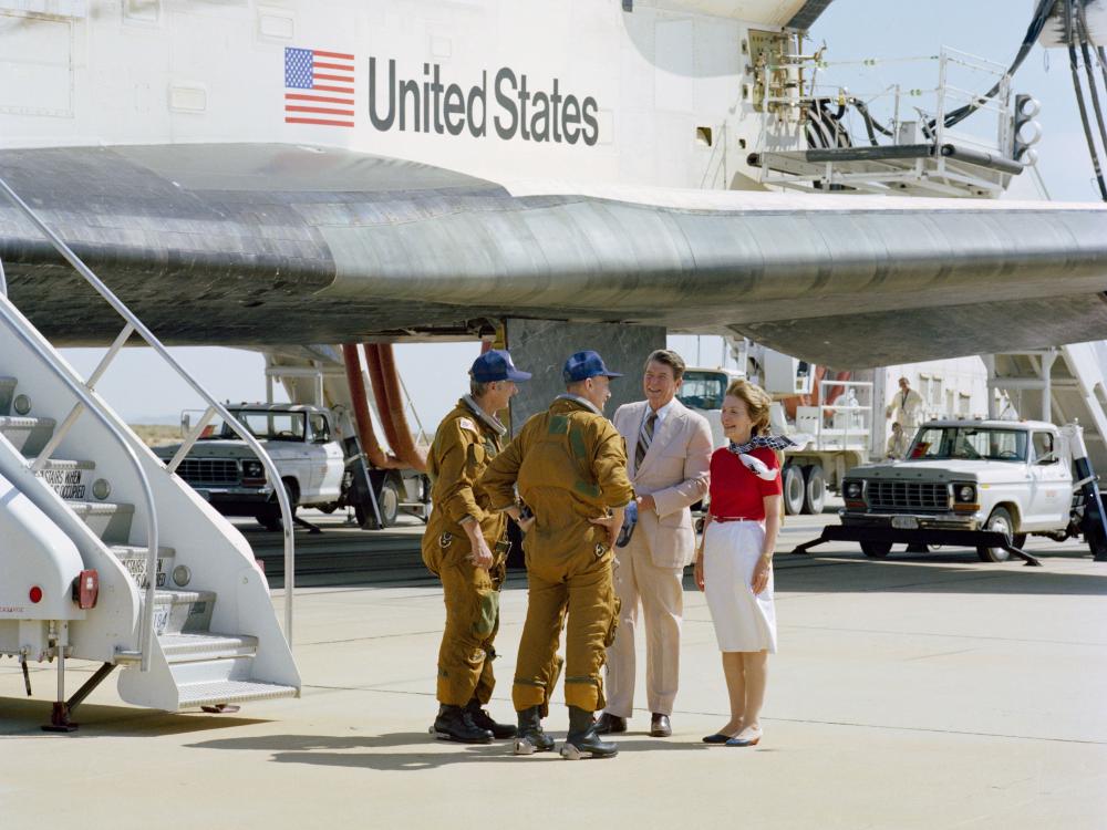 Two members of the Space Shuttle STS-4 crew meet with President Ronald Reagan and First Lady Reagan following the shuttle's landing.