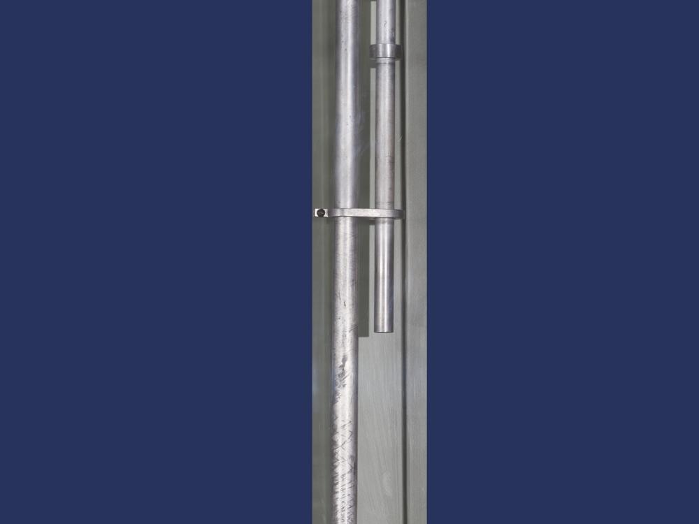 Two silver-colored metal tubes of different lengths. The tubes are attached to each other by a set of four circular, metal clips.