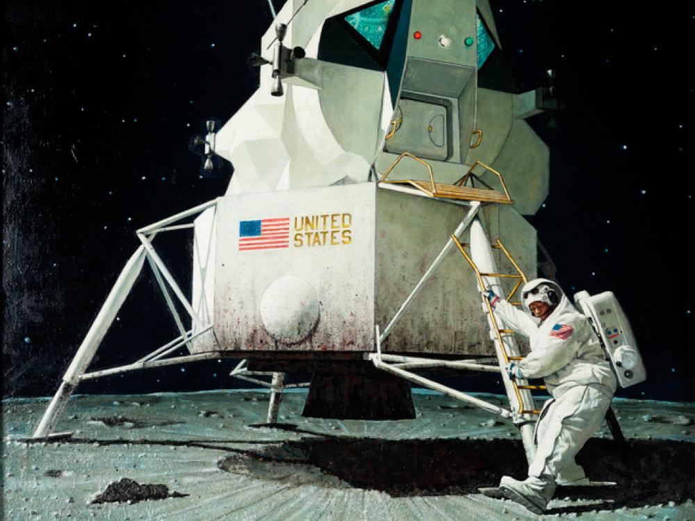 Oil painting of the Apollo 11 landing, featuring the Lunar Module and Neil Armstrong just seconds from taking his first step on the Moon.