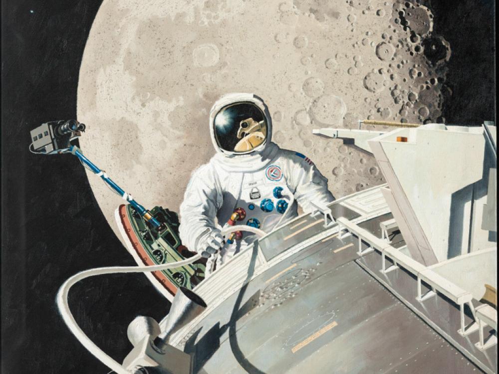 Acrylic painting of astronaut James Irwin performing the first deep space spacewalk near the Apollo command module. The moon can be seen behind Irwin.