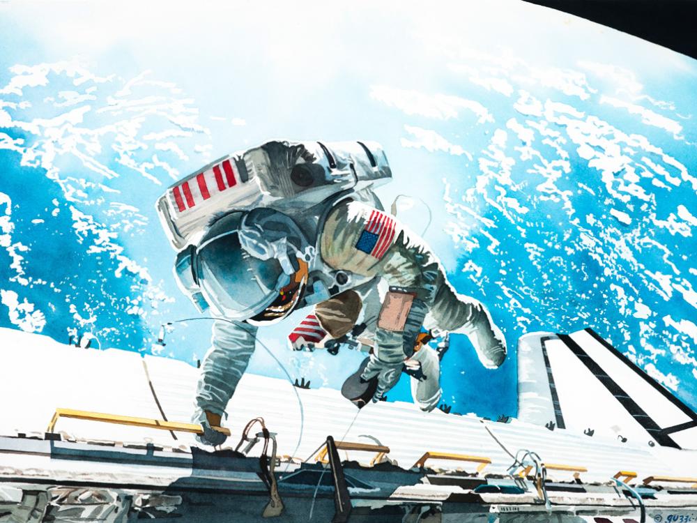 Watercolor painting of astronaut Dale Gardner performing a spacewalk outside the Space Shuttle Discovery. A large section of Earth provides a backdrop.