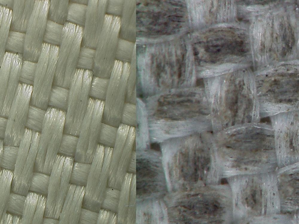 Close-up view comparing the yellow, tan brown, small weaved fabric on a Russian cosmonaut's glove versus the larger weaved fabric on the glove of a U.S. astronaut. The U.S. glove has lunar dust on the fabric.