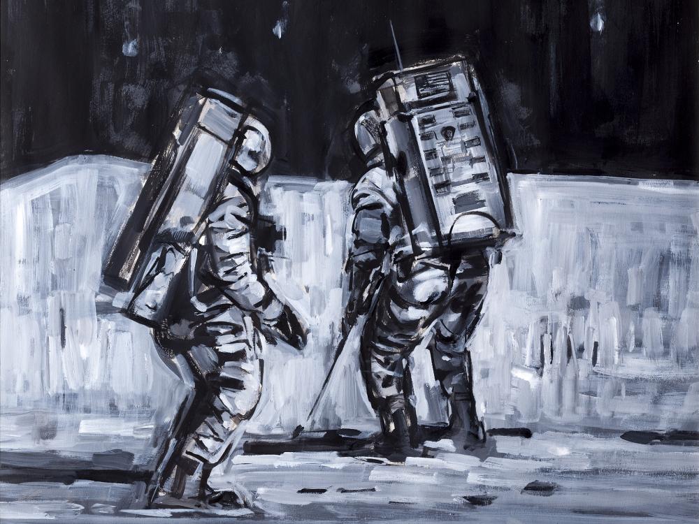 Artwork of two astronauts, David Scott and James Irwin, walking on the Moon.