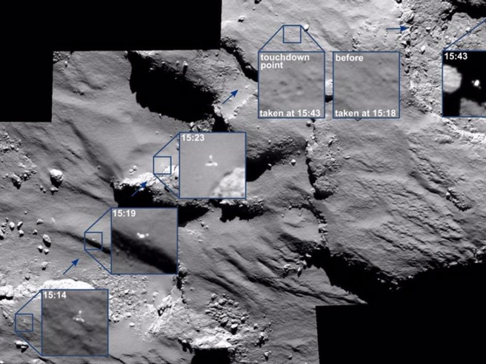 Different perspectives of a small spacecraft landing on a comet from the perspective of its mother spacecraft. The comet has a gray, rocky appearance.