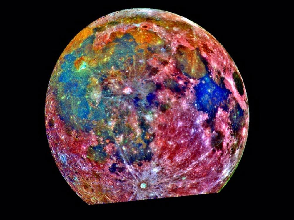 A mosaic of the moon using colours not featured on the moon to emphasize various features