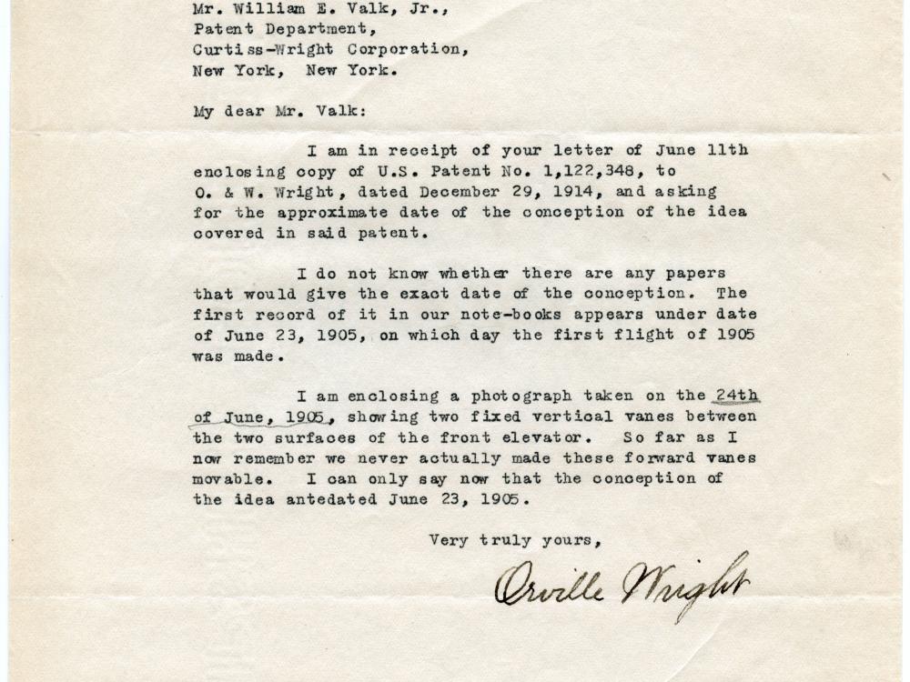 Letter from Orville Wright to the Curtiss-Wright Corporation