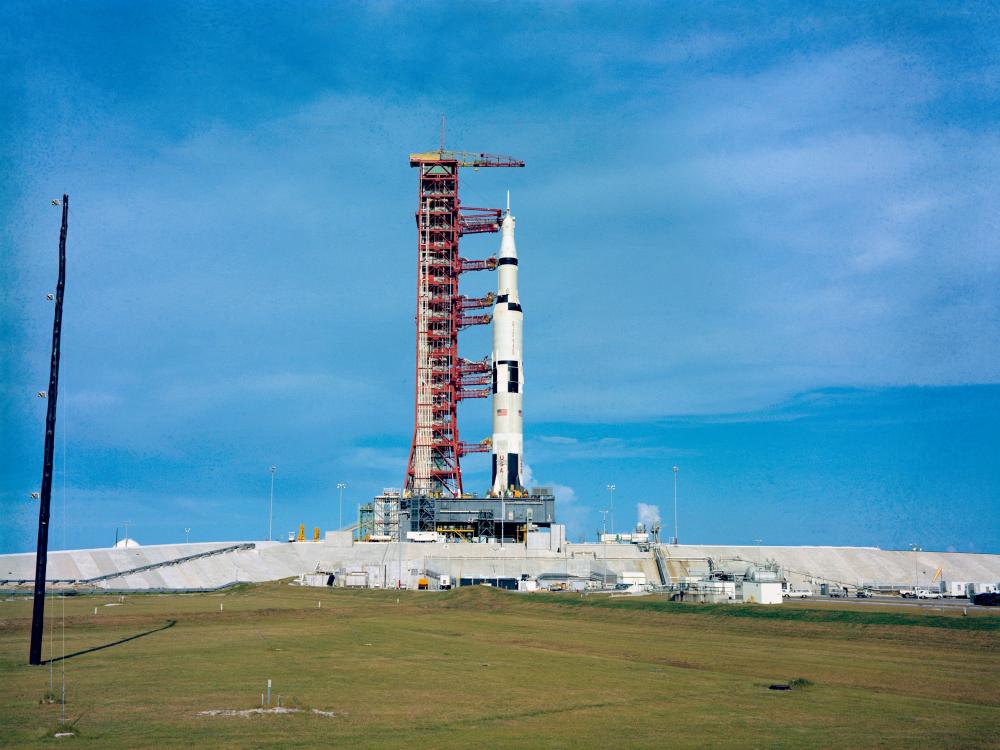 Apollo 4 stack and mobile launch tower atop Pad A at Launch Complex 39