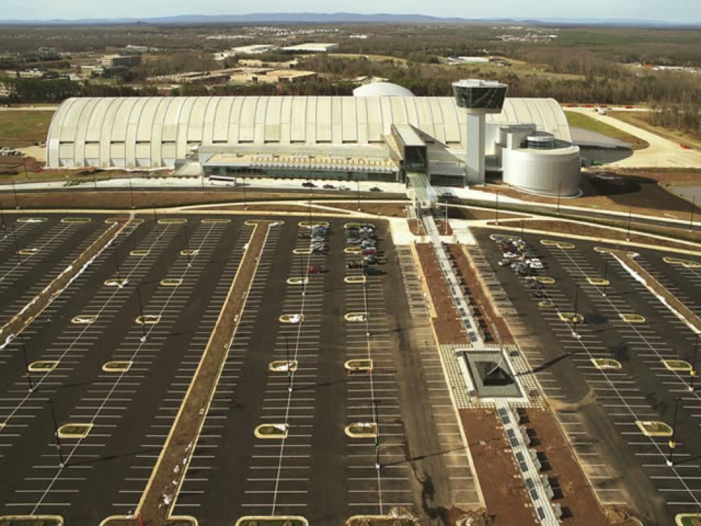 View from above of the Udvar-Hazy Center building and parking lot.