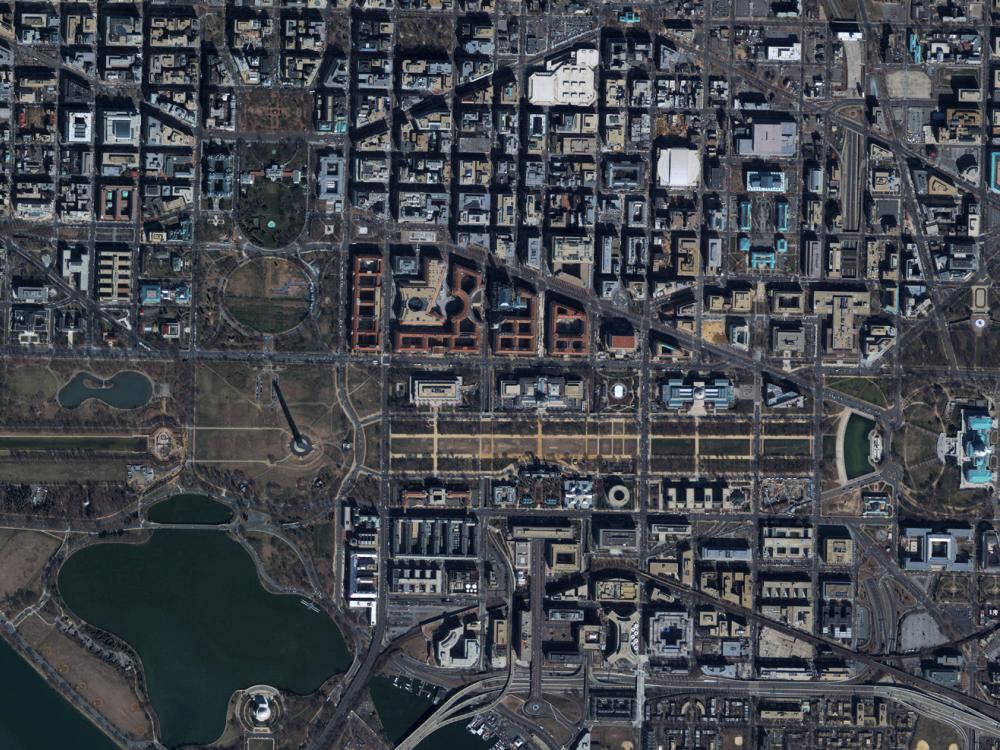 Satellite view of Washington, D.C., with many buildings on display.