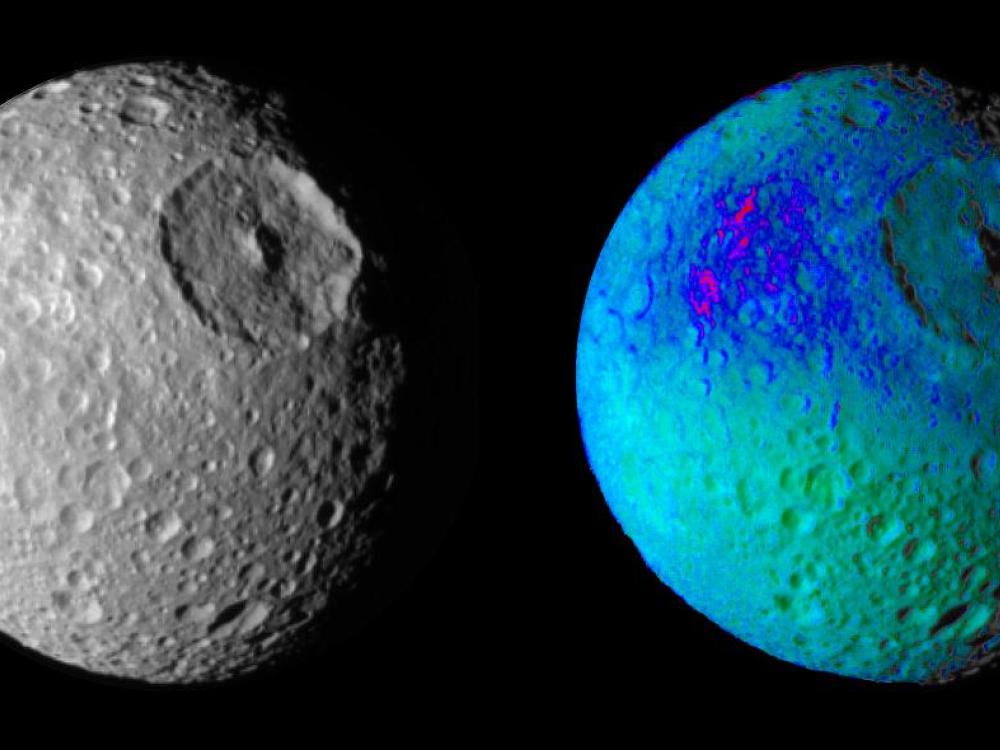 Mimas Showing False Colors - Cassini Exhibit