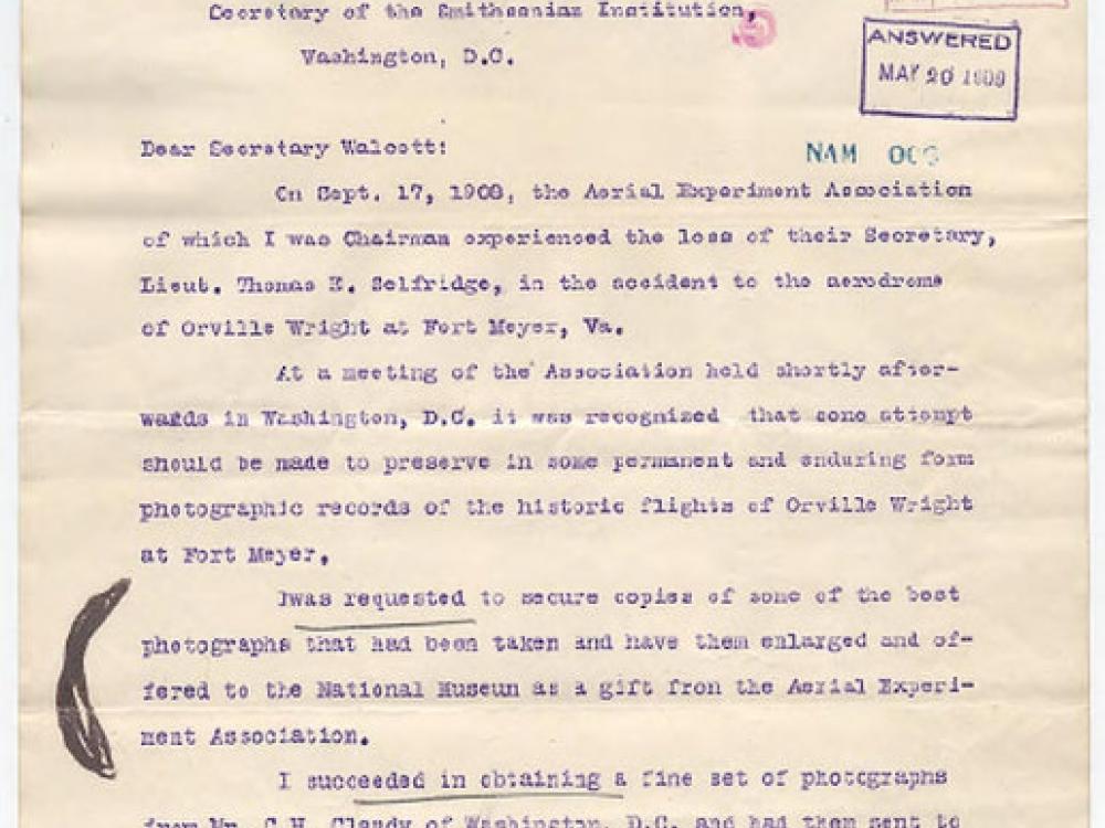 Alexander Graham Bell Letter to Charles D. Walcott (Pg 1)