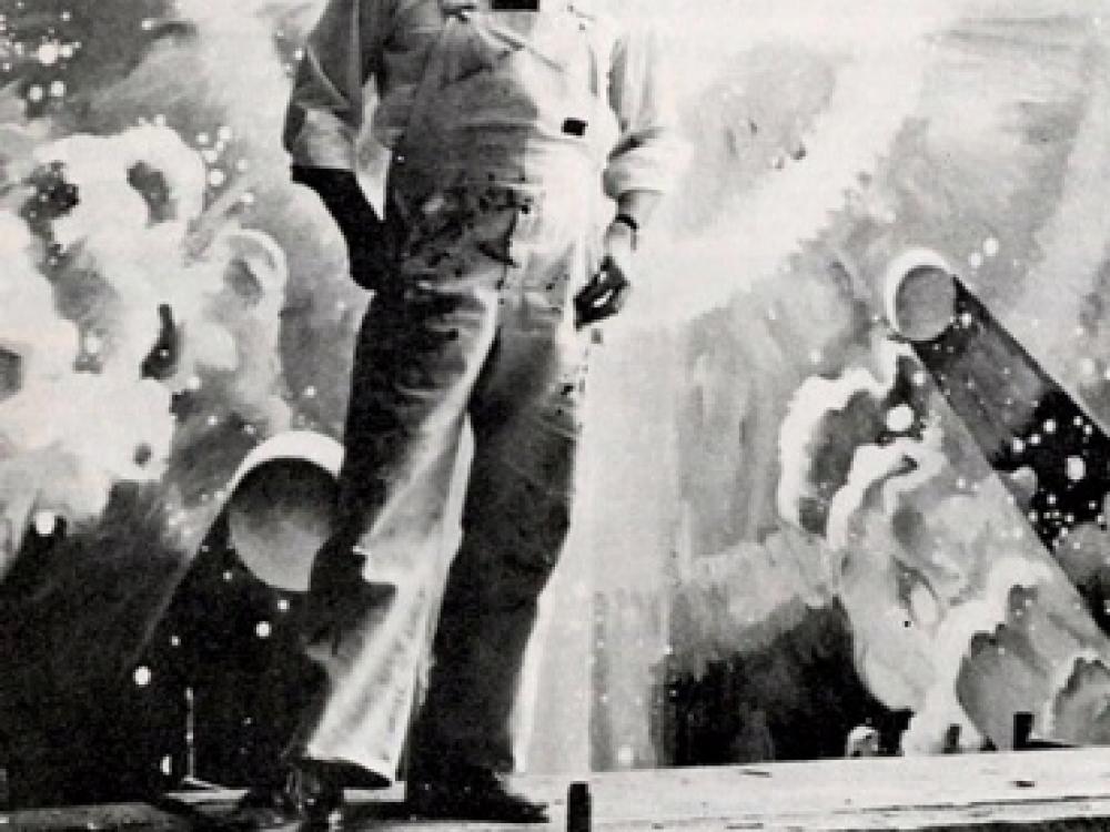 Robert McCall in front of A Cosmic View -- Black and White