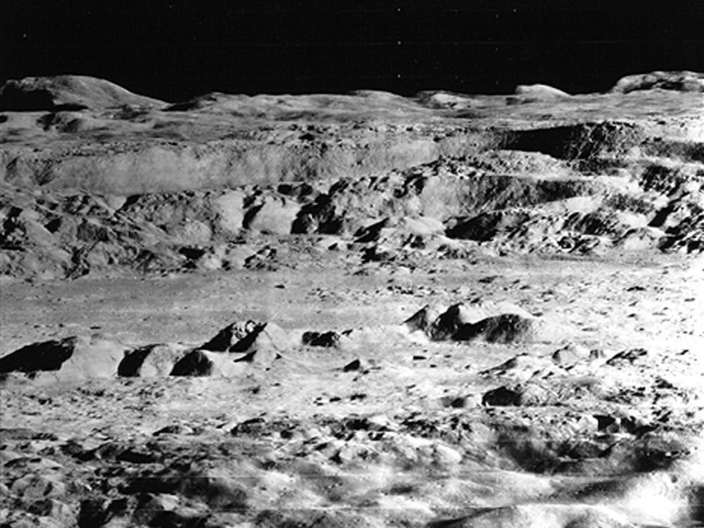 Close-up, Lunar Orbiter 2 view of the Copernicus crater, a deep, large crater on the Moon